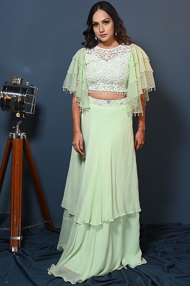 Green Georgette Layered Skirt Set by Maarya By Manisha Arya