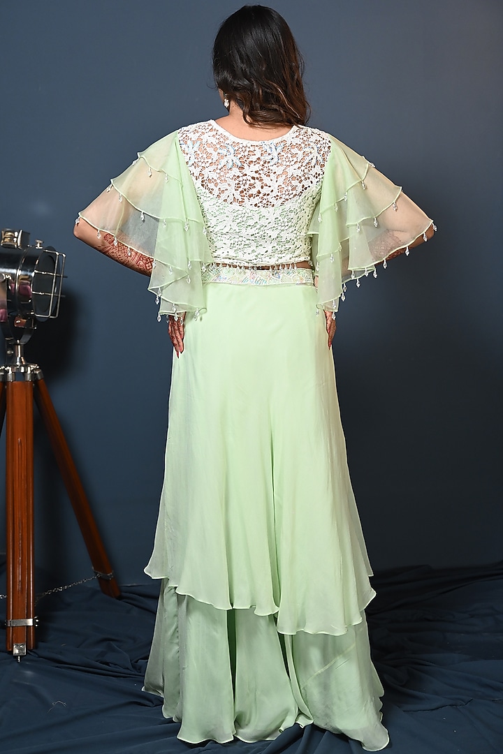 Green Georgette Layered Skirt Set by Maarya By Manisha Arya at Pernia's Pop Up Shop