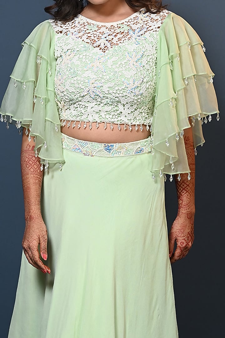 Green Georgette Layered Skirt Set by Maarya By Manisha Arya at Pernia's Pop Up Shop