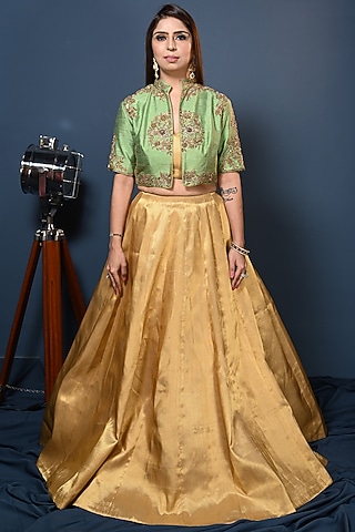 Golden & Green Banarasi Silk Embroidered Jacket Lehenga Set by Maarya By Manisha Arya