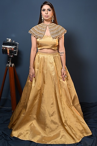 Golden Banarasi Silk Jacket Lehenga Set by Maarya By Manisha Arya