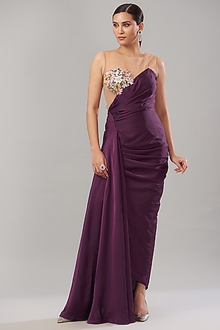Purple Pure Armani Satin Cutdana Embroidered Handcrafted Draped Gown by Maarya By Manisha Arya