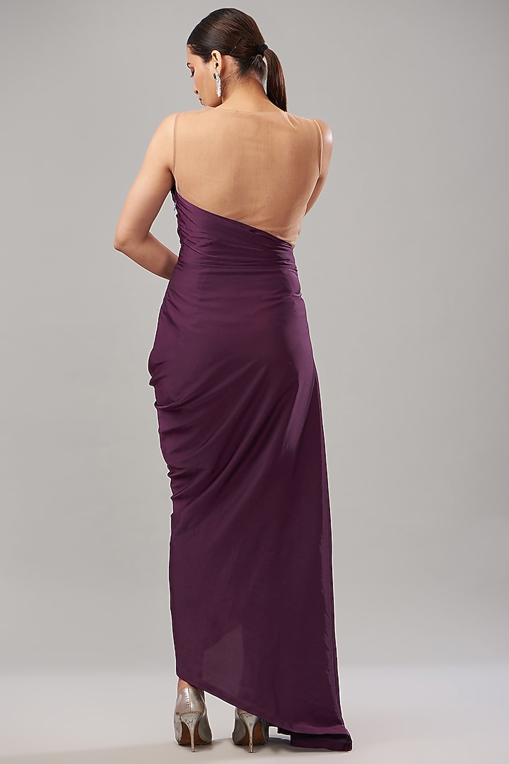 Purple Pure Armani Satin Cutdana Embroidered Handcrafted Draped Engagement Gown by Maarya By Manisha Arya at Pernia's Pop Up Shop
