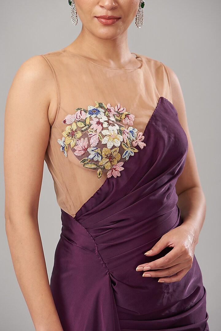 Purple Pure Armani Satin Cutdana Embroidered Handcrafted Draped Engagement Gown by Maarya By Manisha Arya at Pernia's Pop Up Shop