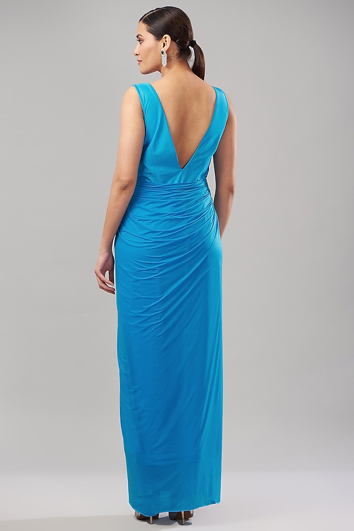 Aqua Blue Pure Lycra Hand Embroidered Handcrafted Draped Engagement Gown by Maarya By Manisha Arya at Pernia's Pop Up Shop