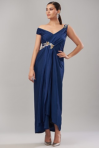 Blue Pure Armani Satin Cutdana Embroidered Handcrafted Draped Gown by Maarya By Manisha Arya