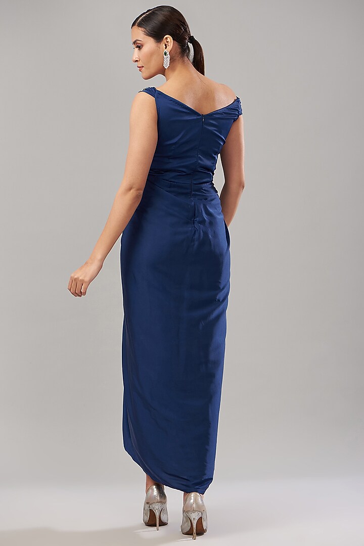Blue Pure Armani Satin Cutdana Embroidered Handcrafted Draped Engagement Gown by Maarya By Manisha Arya at Pernia's Pop Up Shop