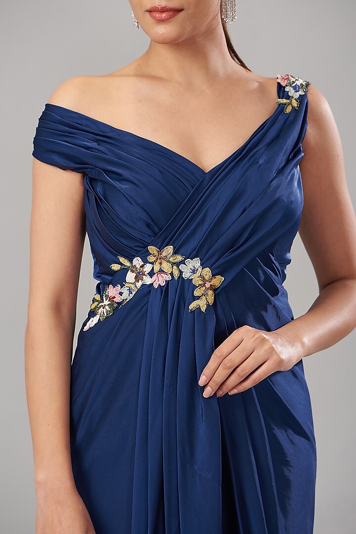 Blue Pure Armani Satin Cutdana Embroidered Handcrafted Draped Engagement Gown by Maarya By Manisha Arya at Pernia's Pop Up Shop
