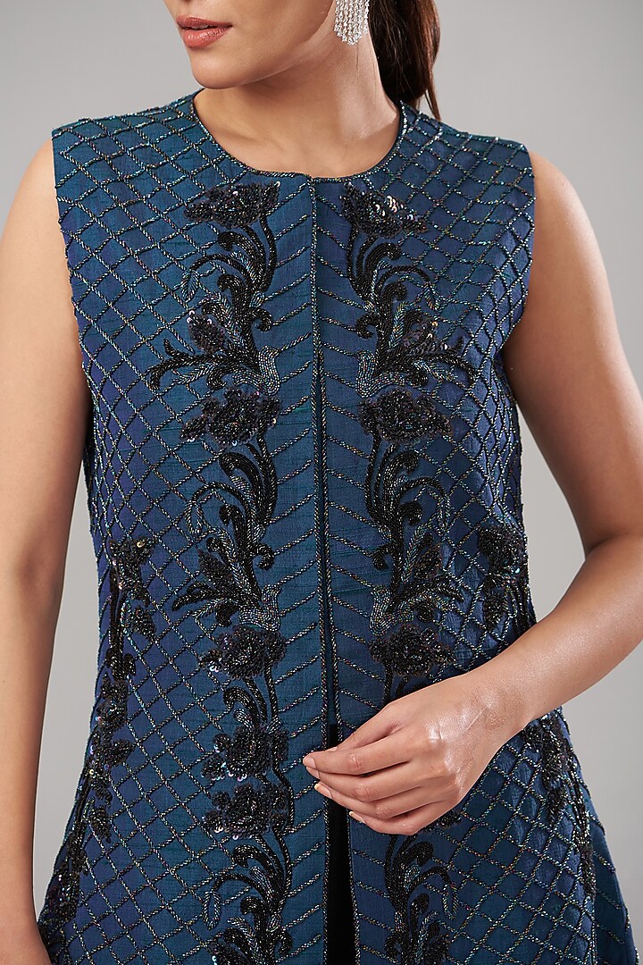 Blue Pure Silk Zardosi Embroidered Handcrafted Jacket Set by Maarya By Manisha Arya at Pernia's Pop Up Shop