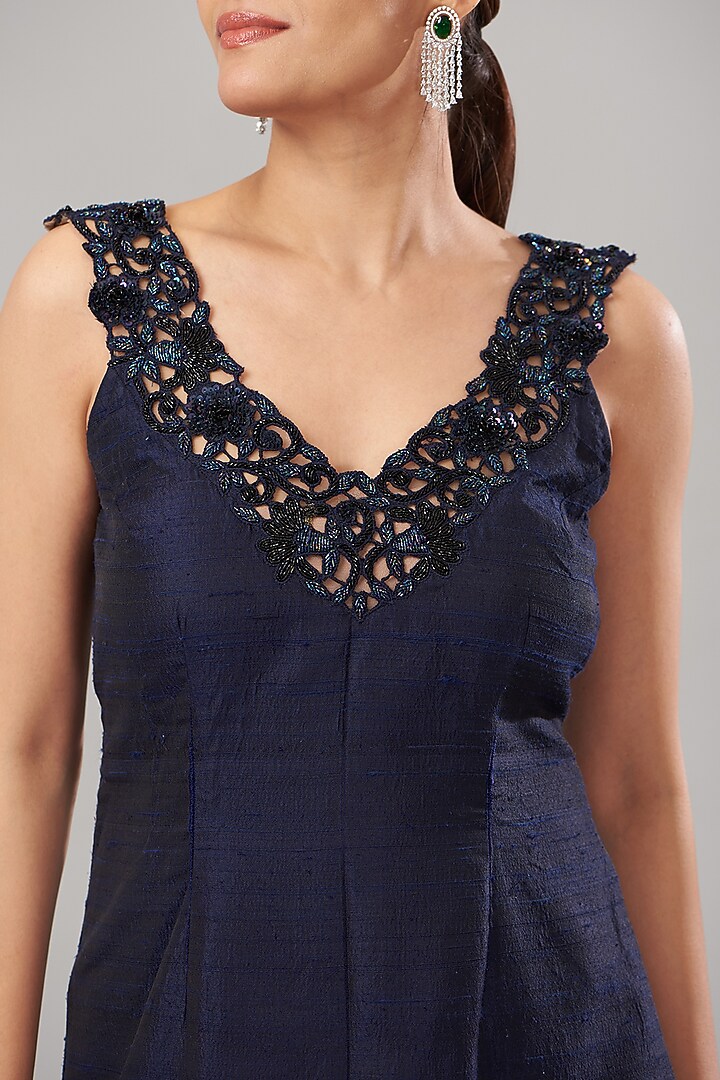Blue Pure Silk Cutwork Embroidered Handcrafted Mini Cocktail Dress by Maarya By Manisha Arya at Pernia's Pop Up Shop