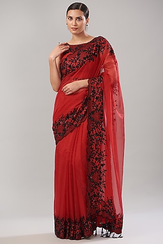 Red Organza Hand Embroidered Saree Set by Maarya By Manisha Arya