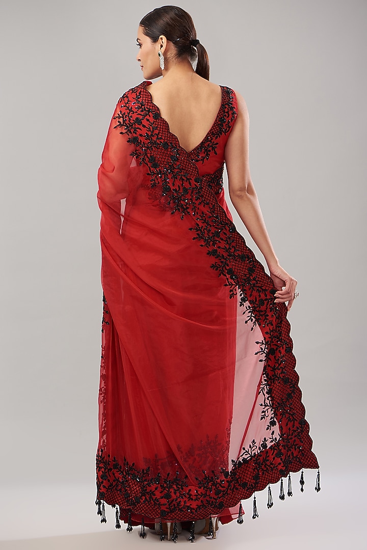 Red Organza Hand Embroidered Reception Saree Set by Maarya By Manisha Arya at Pernia's Pop Up Shop