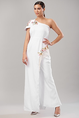 White Imported Fabric Bell Bottom Pant Set by Maarya By Manisha Arya
