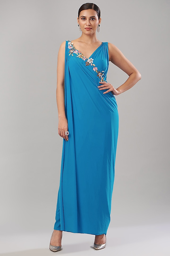 Aqua Blue Pure Lycra Hand Embroidered Handcrafted Draped Gown by Maarya By Manisha Arya