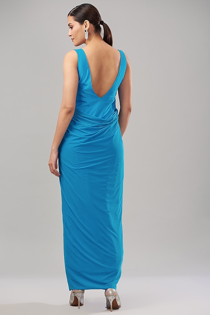 Aqua Blue Pure Lycra Hand Embroidered Handcrafted Draped Engagement Gown by Maarya By Manisha Arya at Pernia's Pop Up Shop