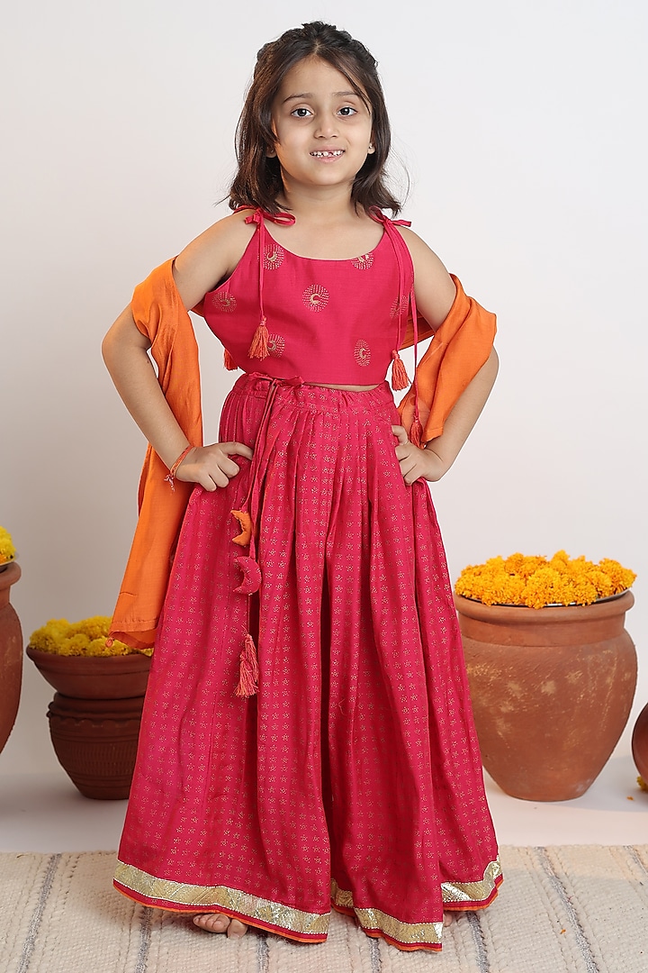 Pink Muslin Printed Lehenga Set For Girls by MR BRAT at Pernia's Pop Up Shop