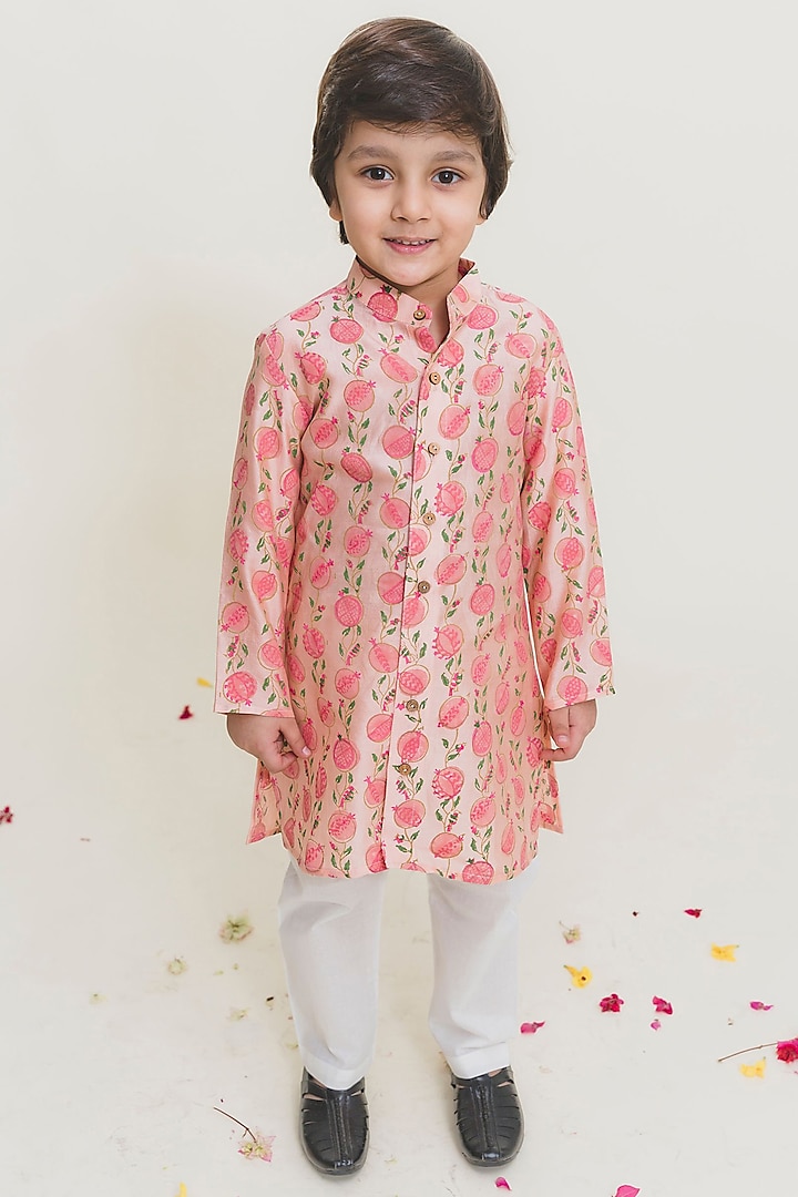 Peach Block Printed Kurta Set For Boys by MR BRAT at Pernia's Pop Up Shop