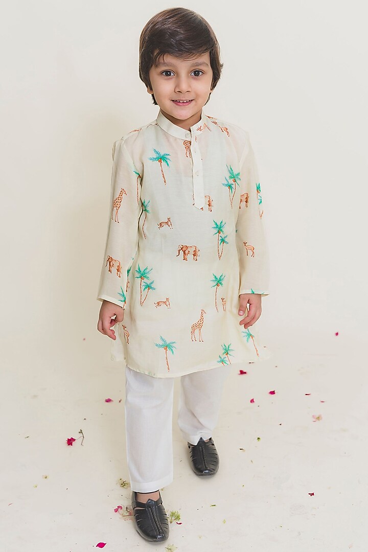 Pale Yellow Digital Printed Kurta Set For Boys by MR BRAT at Pernia's Pop Up Shop