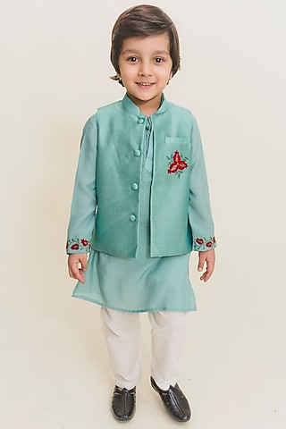 Aqua Blue Muslin Kurta Set With Jacket For Boys by MR BRAT