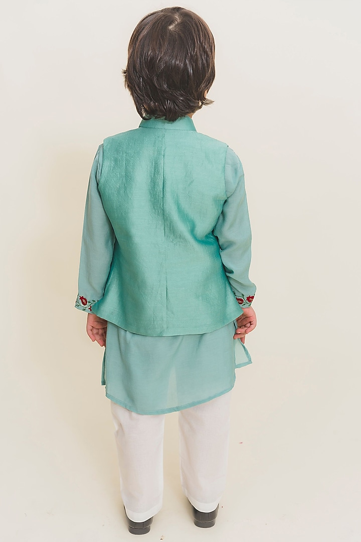 Aqua Blue Muslin Kurta Set With Jacket For Boys by MR BRAT at Pernia's Pop Up Shop