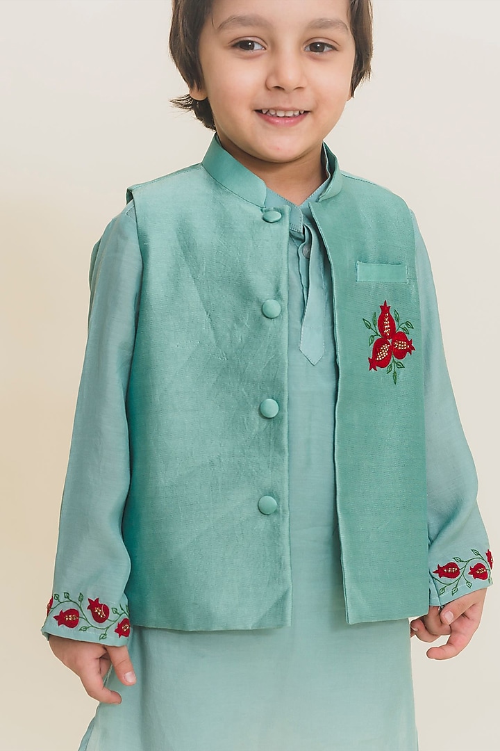 Aqua Blue Muslin Kurta Set With Jacket For Boys by MR BRAT at Pernia's Pop Up Shop