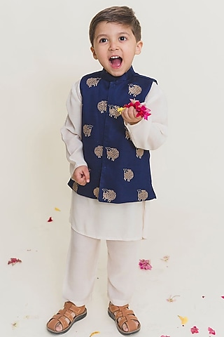 White Cotton Kurta Set With Bundi Jacket For Boys by MR BRAT