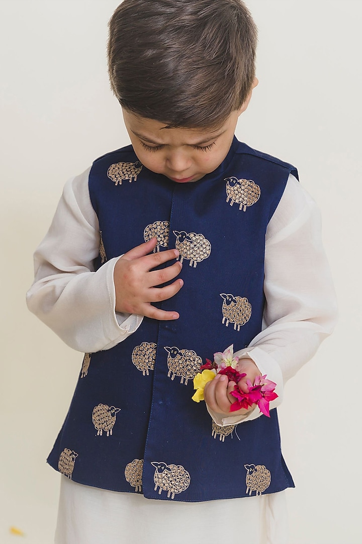 White Cotton Kurta Set With Bundi Jacket For Boys by MR BRAT at Pernia's Pop Up Shop