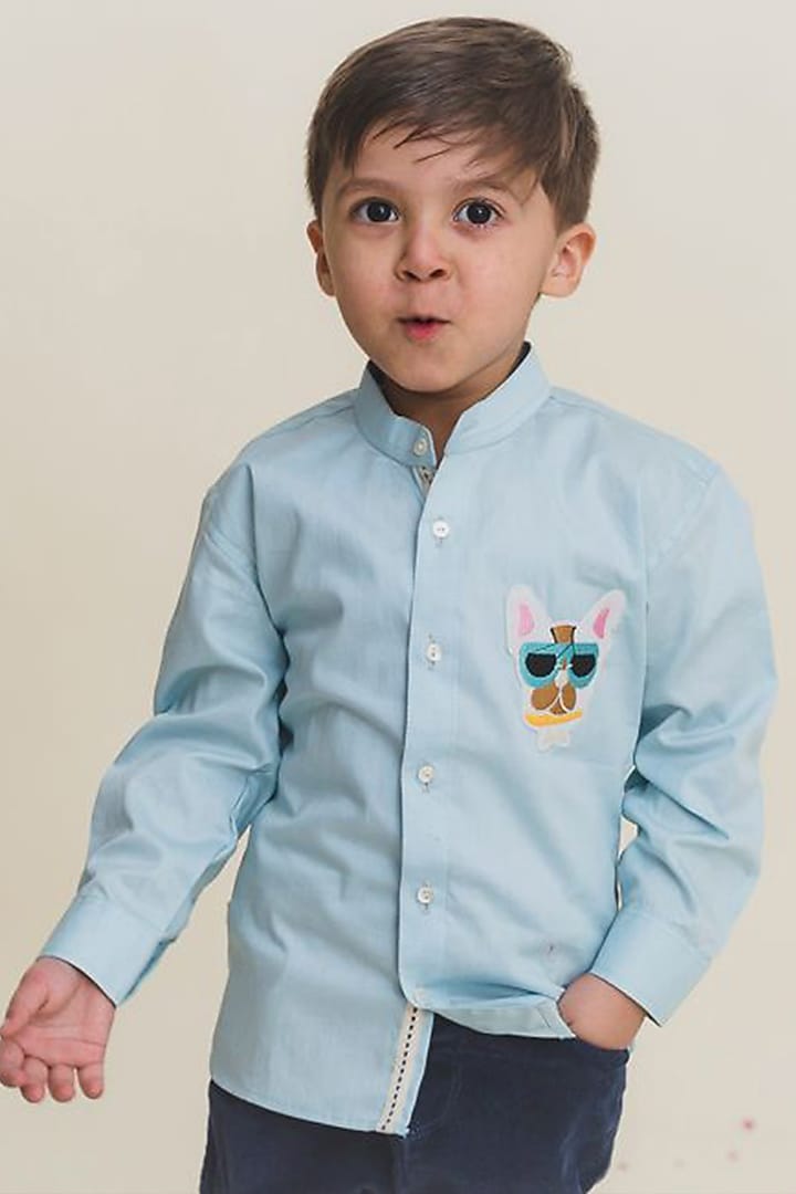 Blue Cotton Embroidered Shirt For Boys by MR BRAT at Pernia's Pop Up Shop