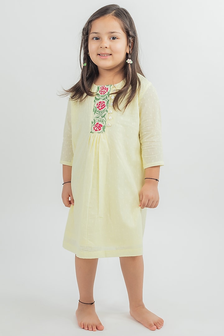 Yellow Hand Embroidered Midi Dress For Girls by MR BRAT