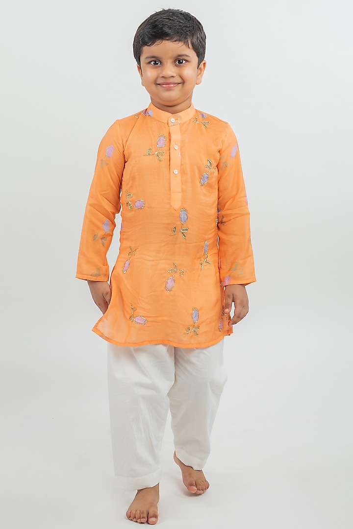 Orange Digital Printed Kurta Set For Boys by MR BRAT