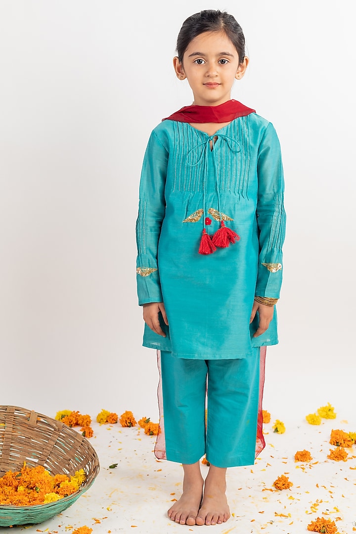 Teal Blue Hand Embroidered Kurta Set For Girls by MR BRAT