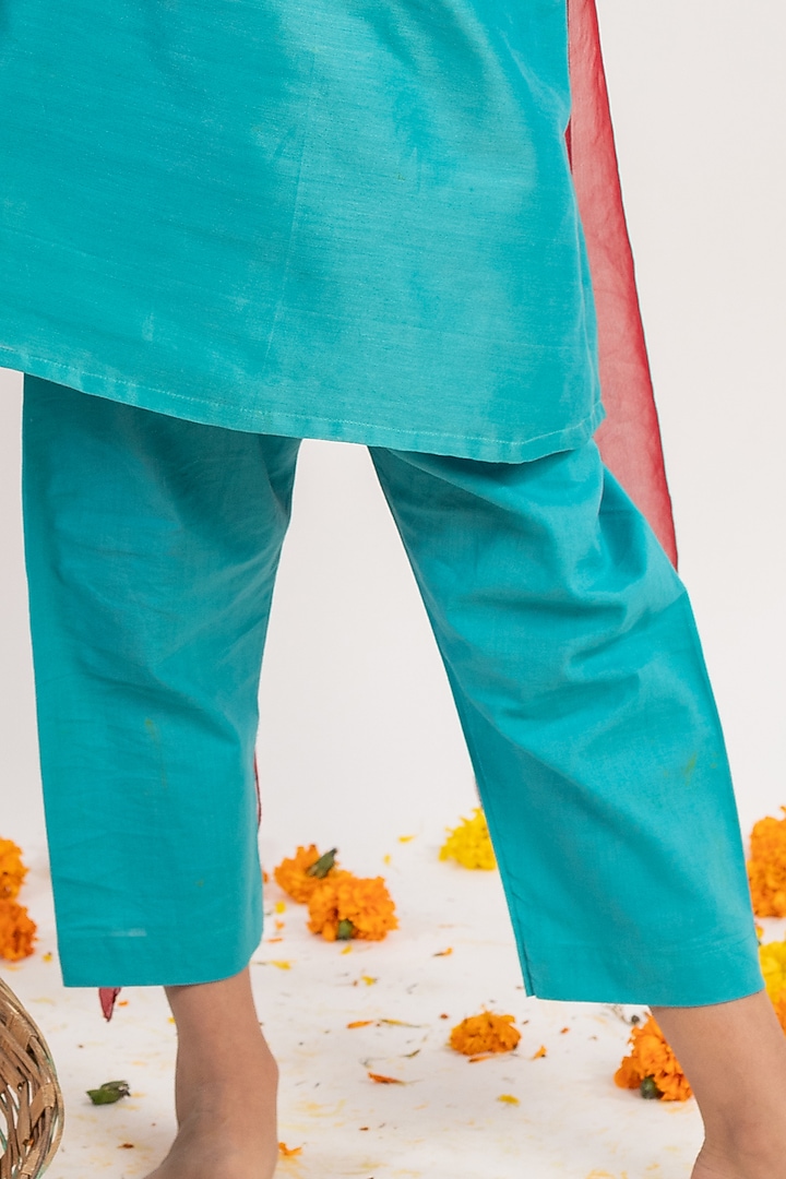 Teal Blue Hand Embroidered Kurta Set For Girls by MR BRAT at Pernia's Pop Up Shop