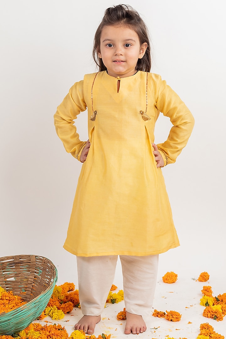 Yellow Zari Embroidered Kurta Set For Girls by MR BRAT