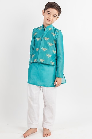 Teal Blue Muslin Kurta Set With Bundi Jacket For Boys by MR BRAT