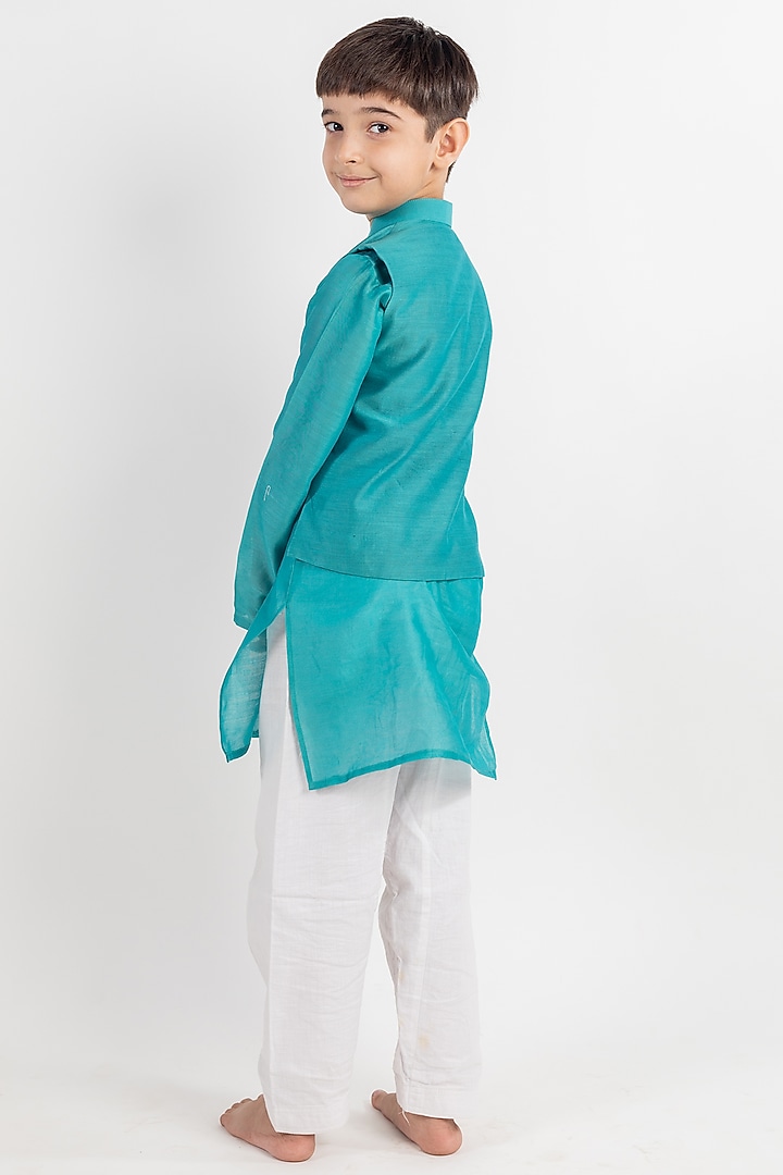Teal Blue Muslin Kurta Set With Bundi Jacket For Boys by MR BRAT at Pernia's Pop Up Shop
