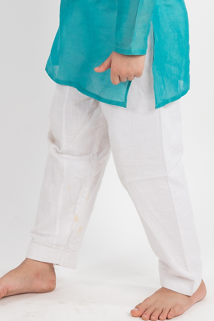 Teal Blue Muslin Kurta Set With Bundi Jacket For Boys by MR BRAT at Pernia's Pop Up Shop