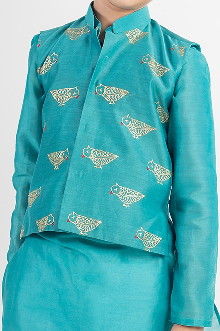 Teal Blue Muslin Kurta Set With Bundi Jacket For Boys by MR BRAT at Pernia's Pop Up Shop