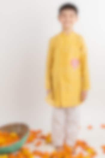 Mustard Yellow Embroidered Kurta Set For Boys by MR BRAT