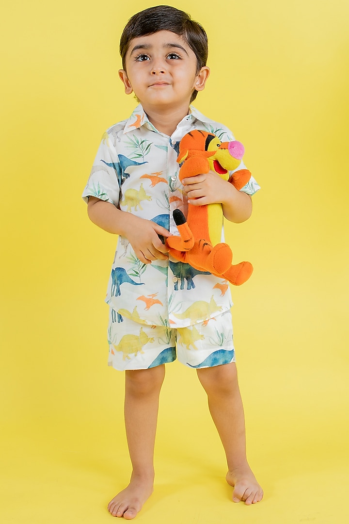 White Cotton Rayon Digital Printed Co-Ord Set For Boys by MR BRAT at Pernia's Pop Up Shop