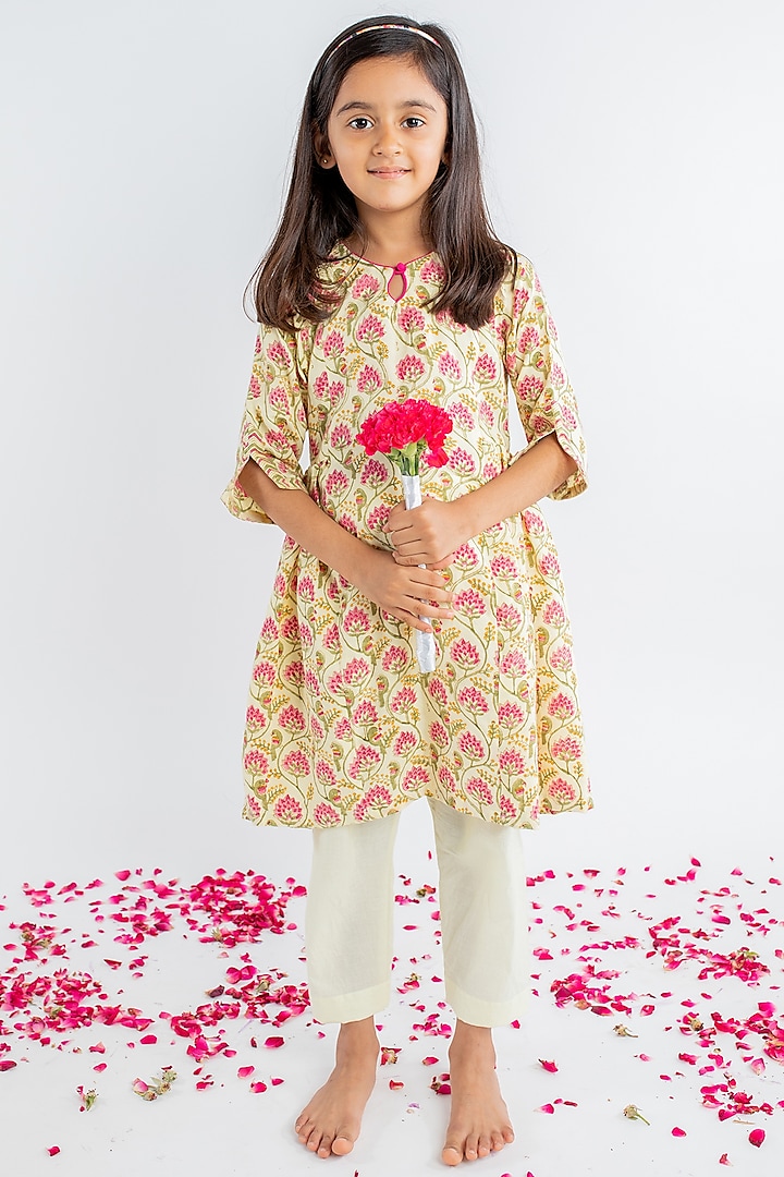 Yellow Cotton Rayon Block Printed Kurta Set For Girls by MR BRAT