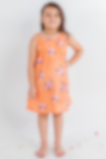 Orange Muslin Floral Printed Dress For Girls by MR BRAT