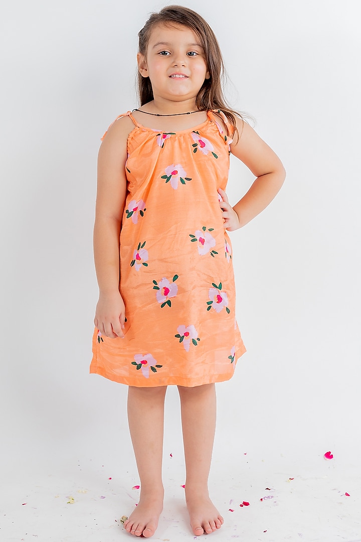 Orange Muslin Floral Printed Dress For Girls by MR BRAT