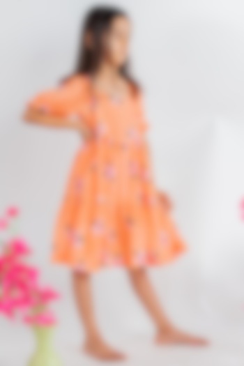 Orange Muslin Floral Printed Tiered Dress For Girls by MR BRAT