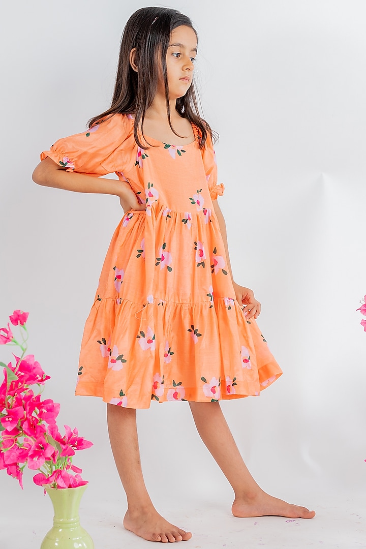 Orange Muslin Floral Printed Tiered Dress For Girls by MR BRAT at Pernia's Pop Up Shop