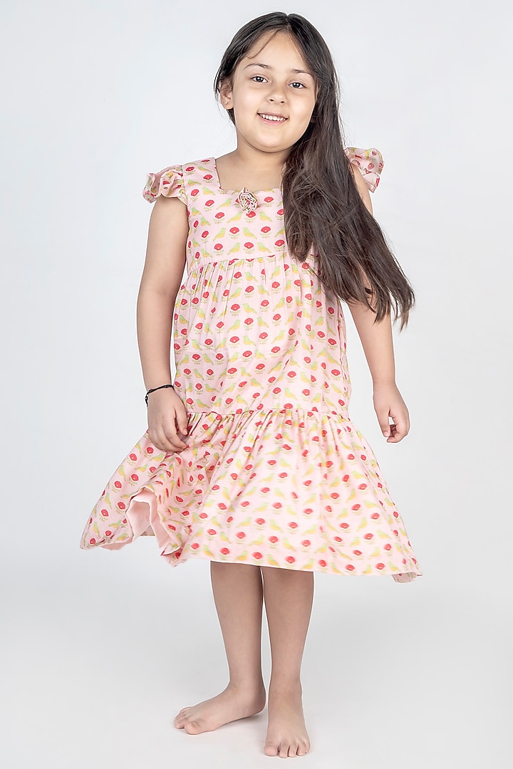 Peach Muslin Digital Printed Tiered Dress For Girls by MR BRAT