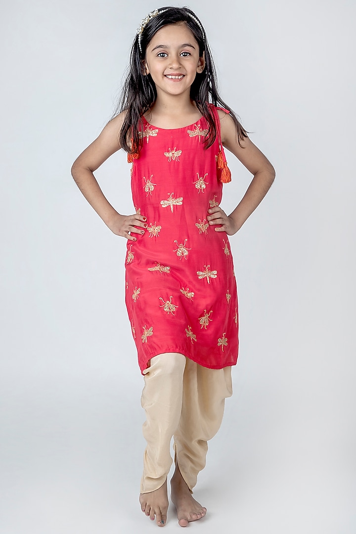 Coral Muslin Hand Embroidered Kurta Set For Girls by MR BRAT