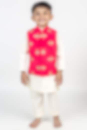 Coral Muslin Hand Embroidered Nehru Jacket Set For Boys by MR BRAT