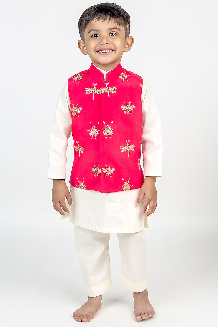 Coral Muslin Hand Embroidered Nehru Jacket Set For Boys by MR BRAT
