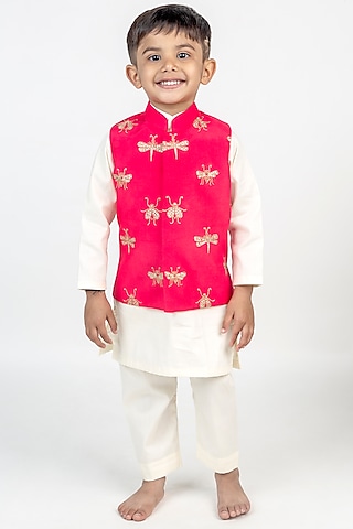 Coral Muslin Hand Embroidered Nehru Jacket Set For Boys by MR BRAT