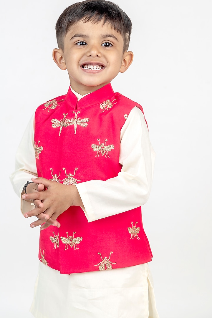 Coral Muslin Hand Embroidered Nehru Jacket Set For Boys by MR BRAT at Pernia's Pop Up Shop